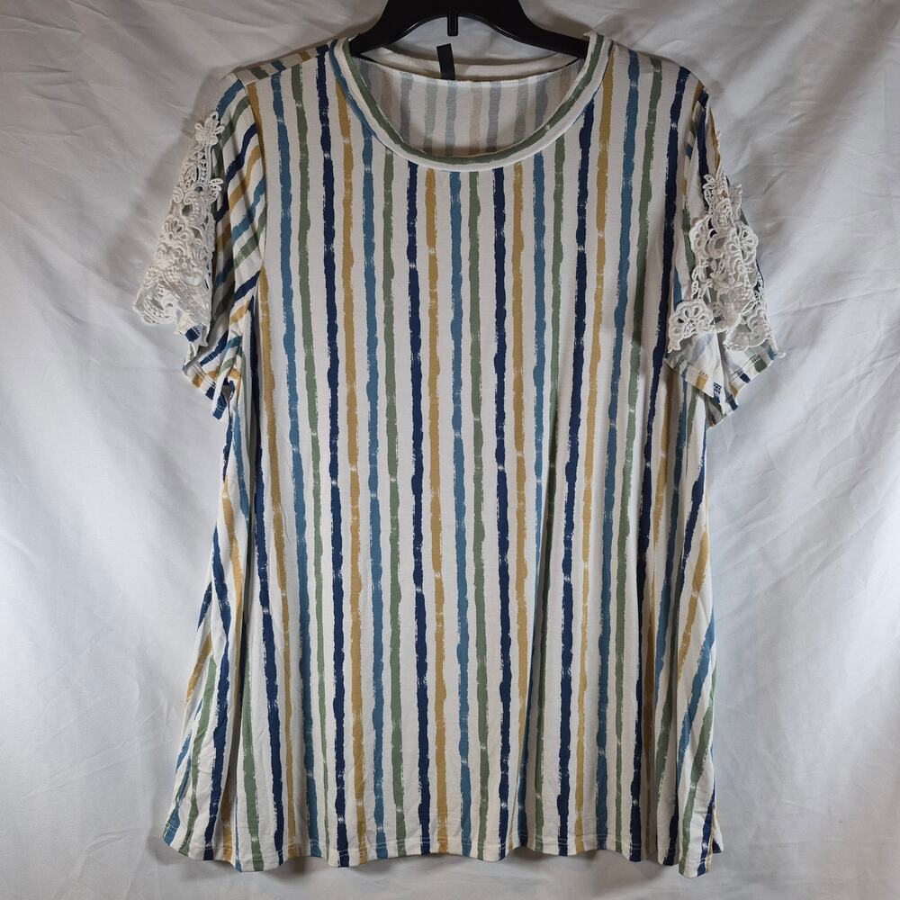 1 Clique 3X Striped Lace Sleeve Top Plus Size Blue Green Mustard USA